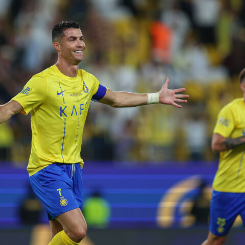 RIYADH, SAUDI ARABIA - MAY 4: Cristiano Ronaldo of Al Nassr celebrates after scoring the 2nd goal during the Saudi Pro League match between Al-Nassr and Al Wehda at Al Awwal Park on May 4, 2024 in Riyadh, Saudi Arabia.(Photo by Yasser Bakhsh/Getty Images)