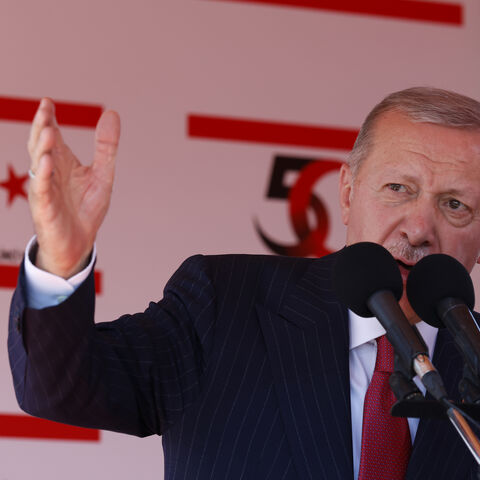 NICOSIA, CYPRUS - JULY 20: Turkish President Recep Tayyip Erdogan speaks during celebrations marking the 50th anniversary of Turkey's invasion of Cyprus on July 20, 2024 in occupied northern Nicosia, Cyprus. Fifty years has passed since Turkey's invasion and occupation of northern Cyprus, spurred in 1974 by Greece's attempts to oust the Cypriot president and forge a political union with the island. Over time, the northern part became the Turkish Republic of Northern Cyprus (TRNC), which is largely populated