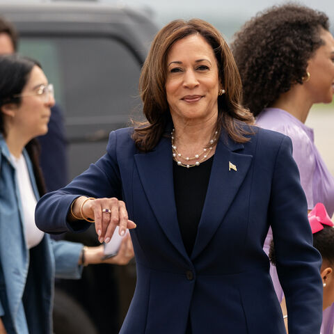 Democratic presidential candidate, US Vice President Kamala Harris, disembarks Air Force Two at the Milwaukee Mitchell International Airport on July 23, 2024 in Milwaukee, Wisconsin.