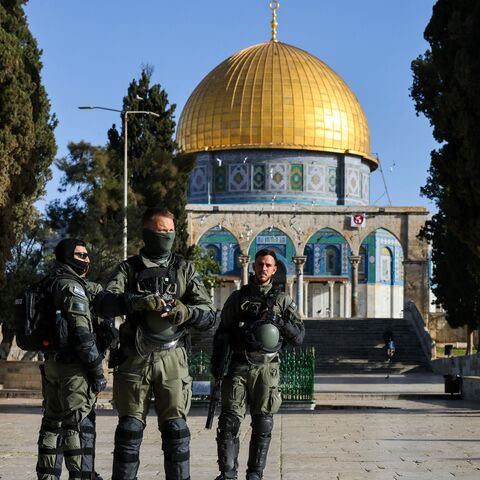 Members of Israeli security forces guard the Al-Aqsa Mosque compound following clashes that erupted during Islam's holy fasting month of Ramadan in Jerusalem on April 5, 2023. 