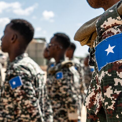 A Somali National Army soldier stands at attention during the morning briefing for trainee officers at the General Dhagabadan Training Centre in Mogadishu on March 19, 2024.