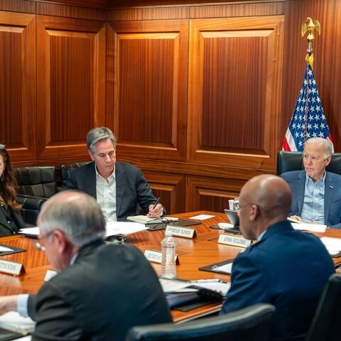 US President Joe Biden meets with members of the National Security team regarding the unfolding missile attacks on Israel from Iran, on April 13, 2024.