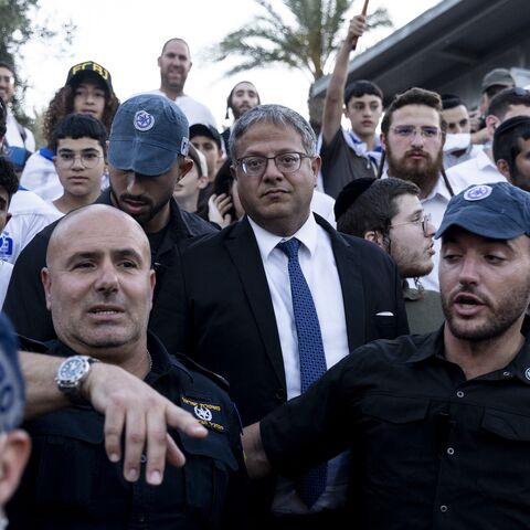 Israeli Minister of National Security Itamar Ben Gvir takes part in the Jerusalem Day Flag March in the Old City on June 5, 2024 in Jerusalem.