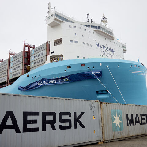 The low-emission container ship Antonia Maersk by Danish shipping company A.P. Moller - Maersk is seen behind containers during its christening at the harbor of Aarhus, Denmark, on August 9, 2024. The ship sails on green methanol. (Photo by Mikkel Berg Pedersen / Ritzau Scanpix / AFP) / Denmark OUT (Photo by MIKKEL BERG PEDERSEN/Ritzau Scanpix/AFP via Getty Images)