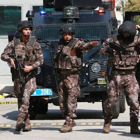 Police special forces patrol in front of the Israeli Embassy in Ankara, Turkey, on Sept. 21, 2016.