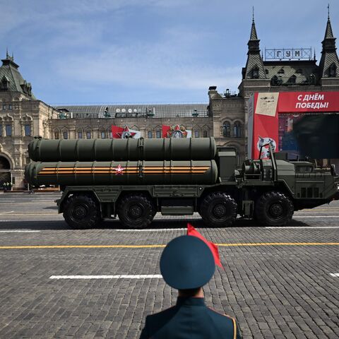 Russian S-400 missile air defense systems parade through Red Square during the rehearsal for the Victory Day military parade, central Moscow, May 7, 2022.