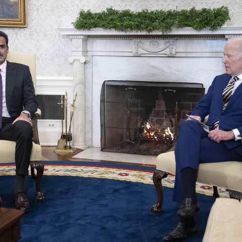 WASHINGTON, DC - JANUARY 31: U.S. President Joe Biden meets with Sheikh Tamim Bin Hamad Al-Thani, Amir of the State of Qatar, in the Oval Office on January 31, 2022 in Washington, DC. The two leaders were expected to discuss a range of issues, including global energy security as concerns about Russian natural gas supplies continue. (Photo by Tom Brenner-Pool/New York Times/Getty Images)