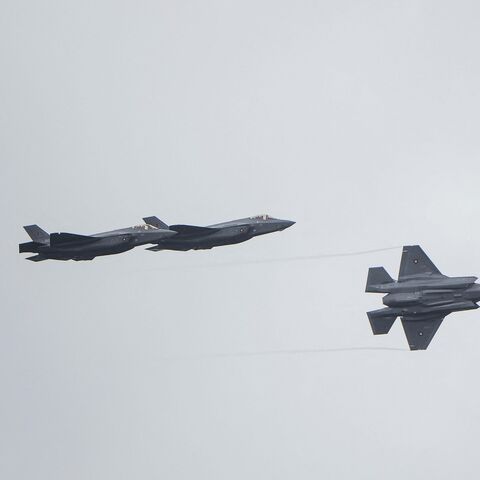 The first delivered batch of F-35 fighter jets flies over the Skrydstrup Air Base, Denmark, Sep. 14, 2023.