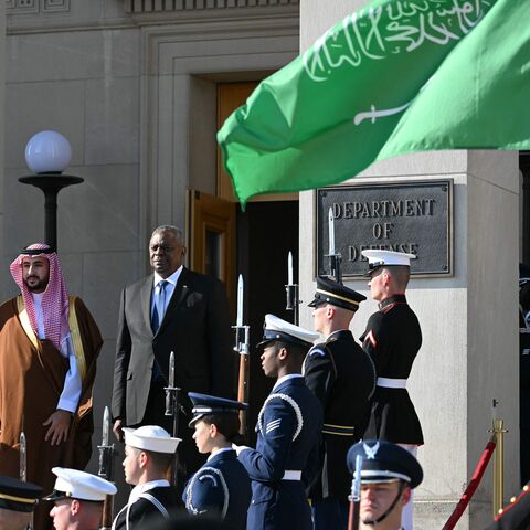 US Secretary of Defense Lloyd Austin welcomes Saudi Defense Minister Khalid bin Salman to the Pentagon in Washington, DC, on November 1, 2023. (Photo by Mandel NGAN / AFP) (Photo by MANDEL NGAN/AFP via Getty Images)