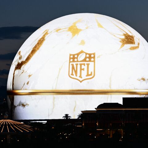 The NFL logo is displayed on the Sphere arena ahead of Super Bowl LVIII in Las Vegas, Nevada, on Feb. 7, 2024. 