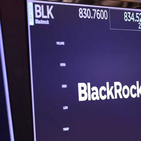 The BlackRock company logo is displayed on a screen at the New York Stock Exchange during morning trading on Aug. 6, 2024, in New York City.