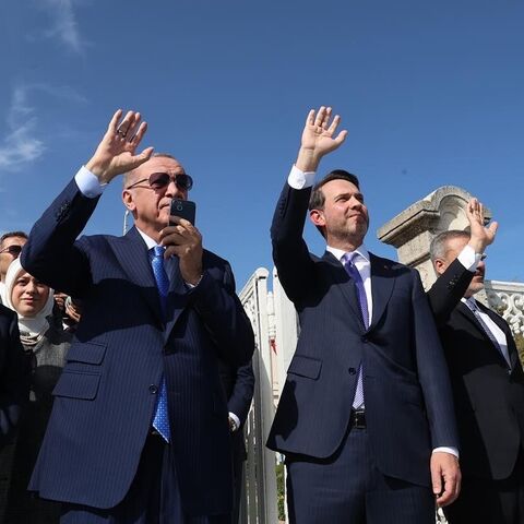 (R to L) Somali Ambassador to Ankara Fathudin Ali Mohamed, Turkish President Recep Tayyip Erdogan, Turkish Energy Minister Alparslan Bayraktar, and Turkish Foreign Minister Hakan Fidan bid farewell to the Oruc Reis departs from Istanbul.