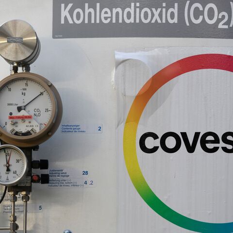 The photo shows a tank for carbon dioxide of chemical company Covestro AG at their at their plant in Dormagen, western Germany, on Feb. 11, 2020. 