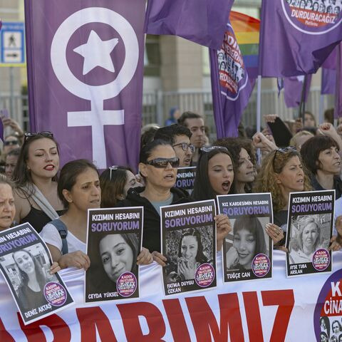 Protesters take part in a demonstration in support of We Will Stop Femicide outside the courthouse in Istanbul on Sept. 13, 2023.