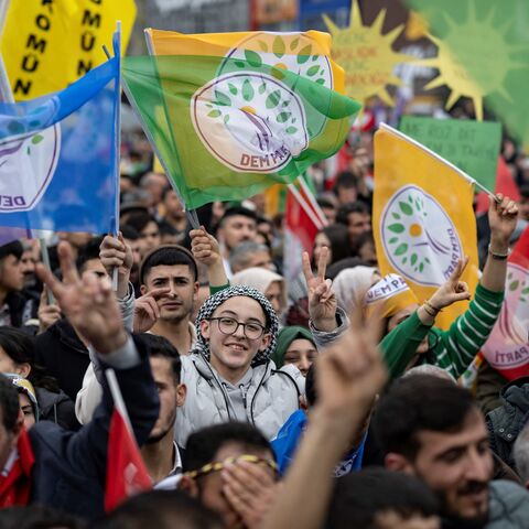 Supporters of the pro-Kurdish Peoples DEM Party attend a rally for the Turkish Municipal elections to be held on March 31, in Esenyurt Square, in Istanbul on Feb. 25, 2024. 