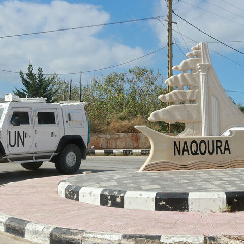 UNIFIL-armored vehicles patrol at the entrance of the southern Lebanese town of Naqoura near the border with Israel, amid ongoing cross-border clashes between Israeli troops and Hezbollah fighters, June 17, 2024.