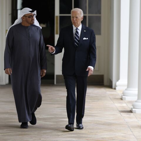 US President Joe Biden and UAE President Sheikh Mohamed bin Zayed Al Nahyan walk to the Oval Office for a meeting, where the two discussed AI and ending the war in Gaza on Sept. 23, 2024, in Washington.