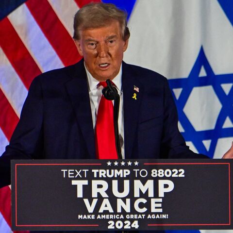 Former US President and Republican presidential candidate Donald Trump speaks at a remembrance event to mark the first anniversary of the Hamas attack on Israel at Trump National Doral golf club in Miami, Florida, on Oct. 7, 2024. 