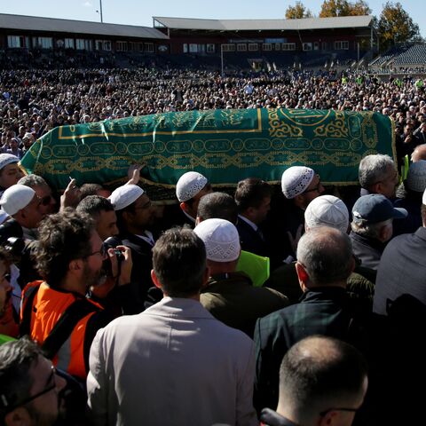 The casket of Turkish Muslim cleric Fethullah Gulen arrives for a prayer service at Skylands Stadium in Augusta, New Jersey, on Oct. 24, 2024. 