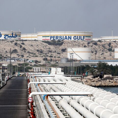 A picture taken on March 12, 2017, shows a view of an oil facility in the Khark Island, on the shore of the Gulf. 