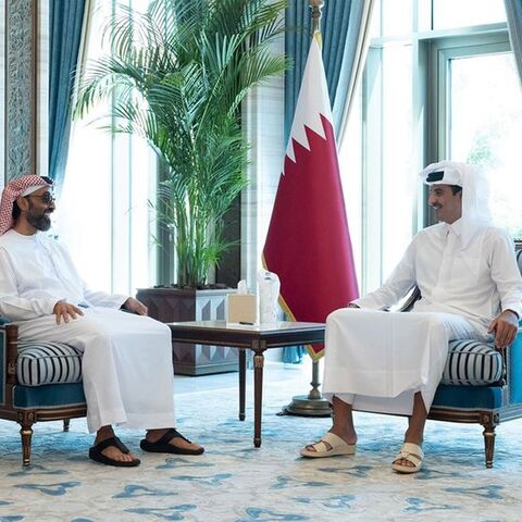 Sheikh Tamim bin Hamad Al Thani, Emir of the State of Qatar, and Sheikh Tahnoon bin Zayed Al Nahyan, Deputy Ruler of Abu Dhabi and National Security Adviser, in Doha on Sunday