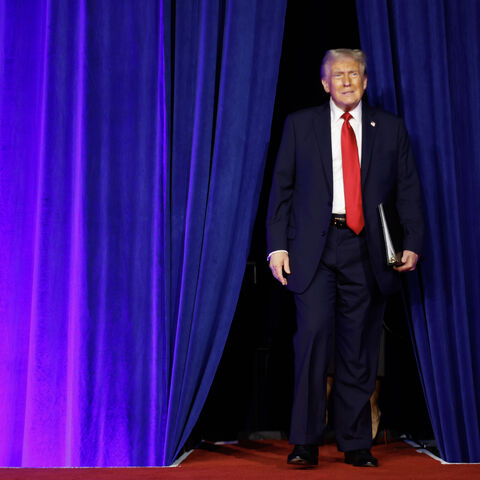 Republican presidential nominee, former US President Donald Trump arrives to speak during an election night event at the Palm Beach Convention Center on Nov. 6, 2024 in West Palm Beach, Florida. 