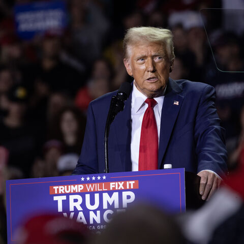 Republican presidential nominee former President Donald Trump speaks at a rally during the early-morning hours of election day on Nov. 5, 2024 in Grand Rapids, Michigan.