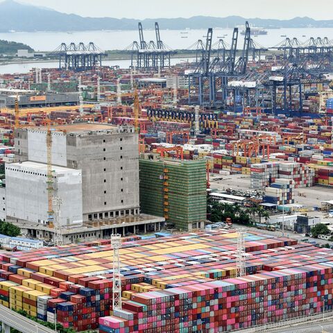 This aerial photo taken on June 22, 2021, shows cargo containers stacked at Yantian port in Shenzhen in China's southern Guangdong province. 