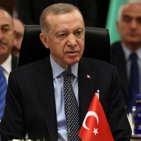 Turkish President Recep Tayyip Erdogan looks on during an Extraordinary Summit of the Heads of State of the Organization of Turkic States (OTS), in Ankara, on March 16, 2023. 