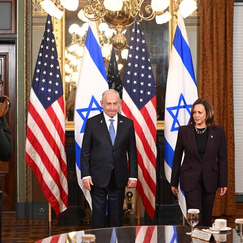 US Vice President Kamala Harris meets with Israeli Prime Minister Benjamin Netanyahu in the Vice President's ceremonial office at the Eisenhower Executive Office Building in Washington, DC, on July 25, 2024. (Photo by ROBERTO SCHMIDT / AFP) (Photo by ROBERTO SCHMIDT/AFP via Getty Images)