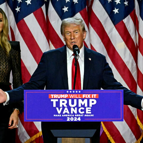 Former US President and Republican presidential candidate Donald Trump speaks during an election night event at the West Palm Beach Convention Center in West Palm Beach, Florida, on November 6, 2024. Donald Trump claimed victory and pledged to "heal" the country on November 6, 2024 as results put him on the verge of beating Kamala Harris in a stunning White House comeback. (Photo by Jim WATSON / AFP) (Photo by JIM WATSON/AFP via Getty Images)