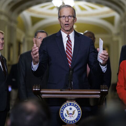 US Sen. John Thune (R-S.D.), newly elected senate majority leader for the upcoming 119th Congress, speaks to reporters at the US Capitol, on Nov. 13, 2024, in Washington. 