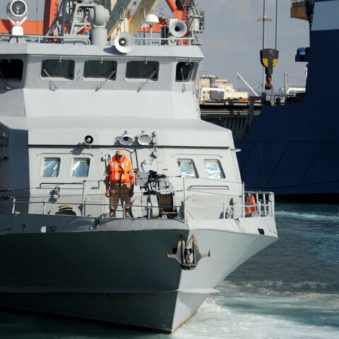 A Russian warship is pictured at the Russian naval base in the Syrian Mediterranean port of Tartous on Sept. 26, 2019. 