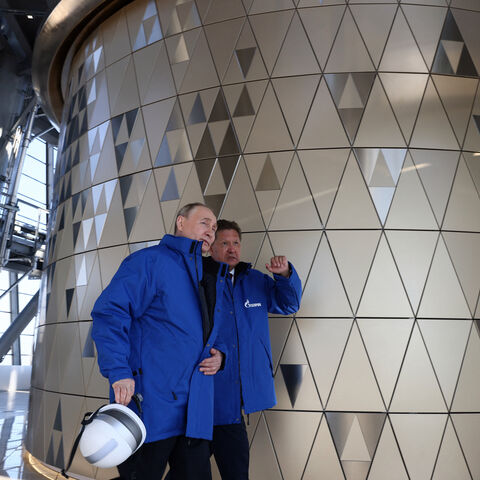 In this pool photograph distributed by Russian state agency Sputnik, Russia's President Vladimir Putin (L) speaks with Russia's energy giant Gazprom CEO Alexei Miller as they visit the Lakhta Centre skyscraper, the headquarters of Russian gas monopoly Gazprom in Saint Petersburg on June 5, 2024. (Photo by Kirill MOROZOV / POOL / AFP) (Photo by KIRILL MOROZOV/POOL/AFP via Getty Images)