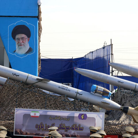 Bavar missiles are displayed during the annual military parade marking the anniversary of the outbreak of Iran's 1980-1988 war with Saddam Hussein's Iraq, in Tehran on Sept. 21, 2024. 