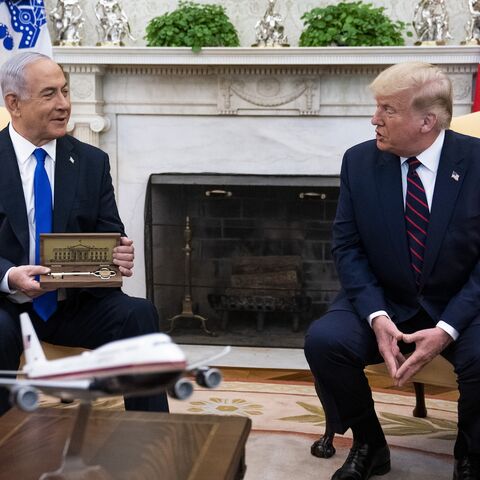 US President Donald Trump and Prime Minister of Israel Benjamin Netanyahu participate in a meeting in the Oval Office of the White House on Sept. 15, 2020, in Washington, DC.