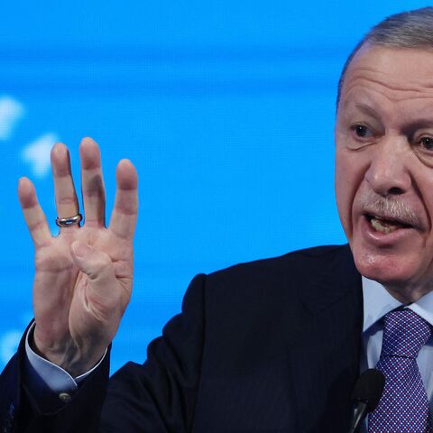 Turkish President Recep Tayyip Erdogan gestures as he speaks during the presentation of the Justice and Development Party's (AK Party) election manifesto at the AKP Congress Center in Ankara, on Jan. 30, 2024.