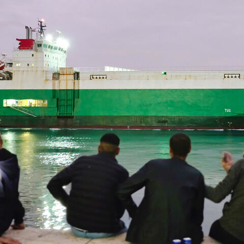 A ship transits the Suez Canal towards the Red Sea on Nov. 3, 2024 in Suez, Egypt.