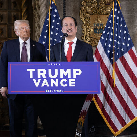 President-elect Donald Trump listens as DAMAC Properties CEO Hussain Sajwani speaks to members of the media during a press conference at the Mar-a-Lago Club on Jan. 7, 2025 in Palm Beach, Florida. 