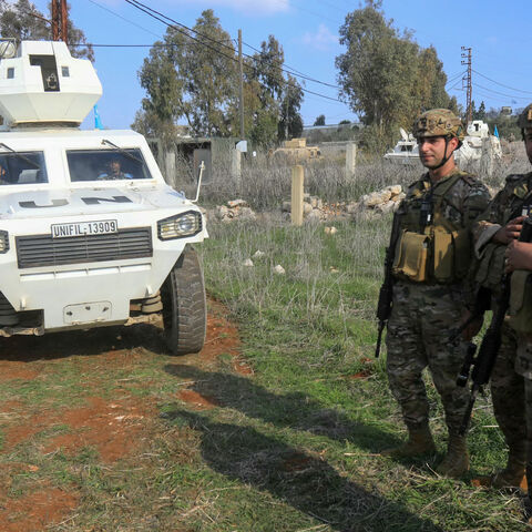 Lebanese army and UNIFIL soldiers deploy to prevent residents of the southern Lebanese village of Mais al-Jabal from returning to their town on Jan. 27, 2025.