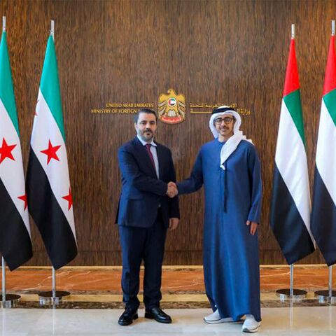 Sheikh Abdullah bin Zayed reiterated the UAE's firm position in safeguarding Syria's unity and sovereignty during talks with Asaad Al Shibani, Syrian Foreign Minister, in Abu Dhabi. Photo: Wam