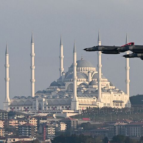 Turkish Air Force fighter jets perform a military parade over the Bosphorus on Oct. 29, 2023. 