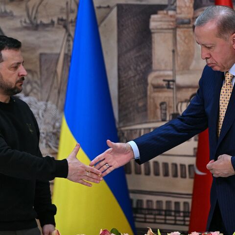 Turkish President Recep Tayyip Erdogan (R) shakes hands with Ukrainian President Volodymyr Zelenskyy (L) 