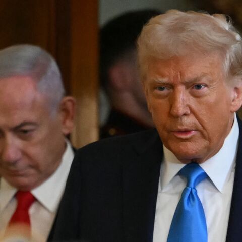 US President Donald Trump and Israel's Prime Minister Benjamin Netanyahu arrive to hold a press conference in the East Room of the White House in Washington, on Feb. 4, 2025. 