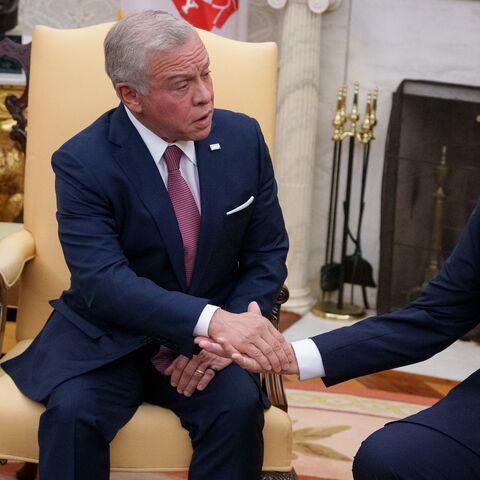 President Donald Trump and Jordan's King Abdullah II bin Al-Hussein shake hands during a meeting in the Oval Office of the White House, on Feb. 11, 2025, in Washington.