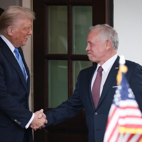 US President Donald Trump shakes hands with Jordanian King Abdullah II as he departs the White House, Washington, DC, Feb. 11, 2025.