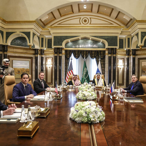 TOPSHOT - (L to R) US Middle East envoy Steve Witkoff, Secretary of State Marco Rubio, National Security Advisor Mike Waltz, Saudi Arabia's Foreign Minister Prince Faisal bin Farhan al-Saud, National Security Advisor Mosaad bin Mohammad al-Aiban, the Russian president's foreign policy advisor Yuri Ushakov, and Russia's Foreign Minister Sergei Lavrov attend a meeting together at Riyadh's Diriyah Palace on February 18, 2025. Top US and Russian diplomats were meeting in Saudi Arabia on Tuesday for talks on res