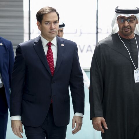 US Secretary of State Marco Rubio (C) walks with UAE President Sheikh Mohamed bin Zayed Al Nahyan as they meet at ADNEC Centre Abu Dhabi in Abu Dhabi, on Feb. 19, 2025.