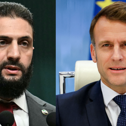 A composite image of Syria's interim President Ahmed al-Sharaa (L) and French President Emmanuel Macron (R). 