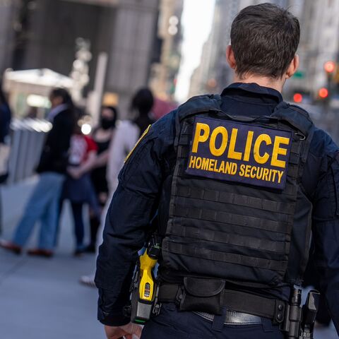 A Department of Homeland Security officer stands guard at 26 Federal Plaza as protestors gather to demand the release of Mahmoud Khalil on March 10, 2025, in New York City.